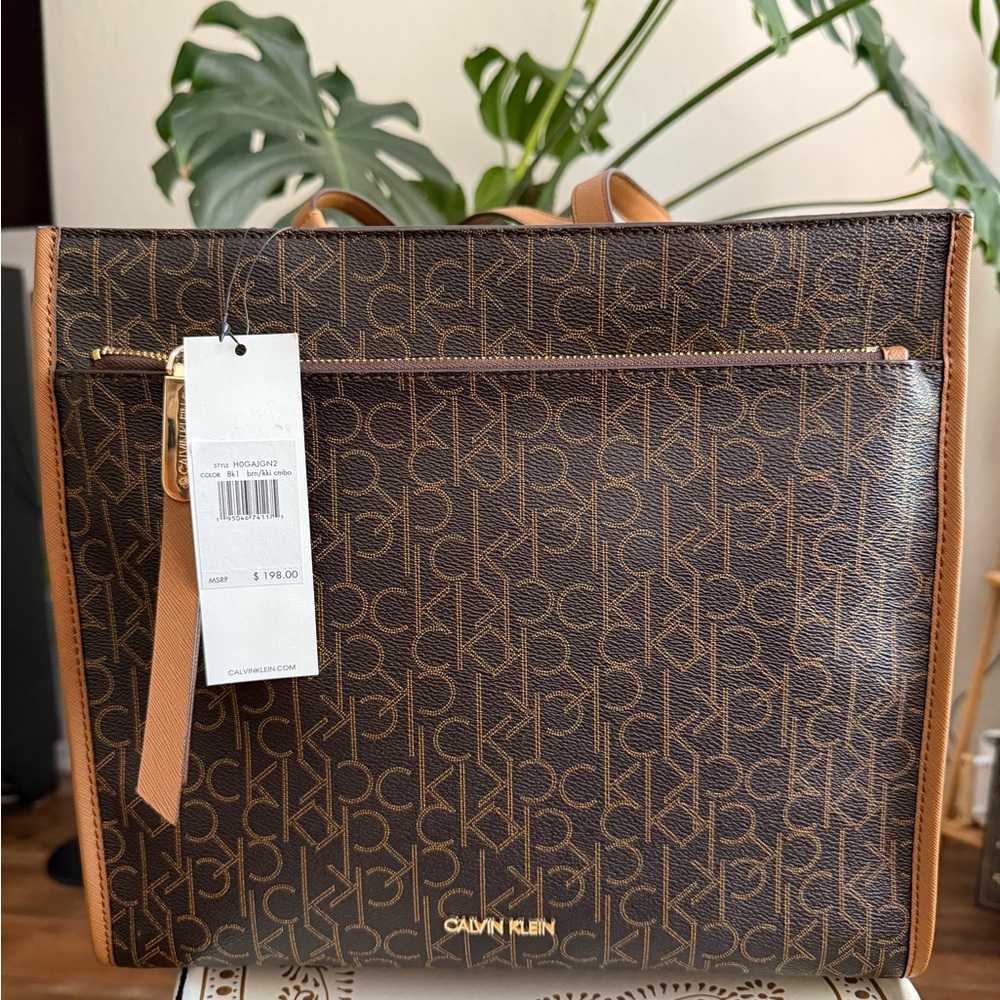 Calvin Klein Brown Monogram Large Tote Bag Satchel Purse - Picture 2 of 13
